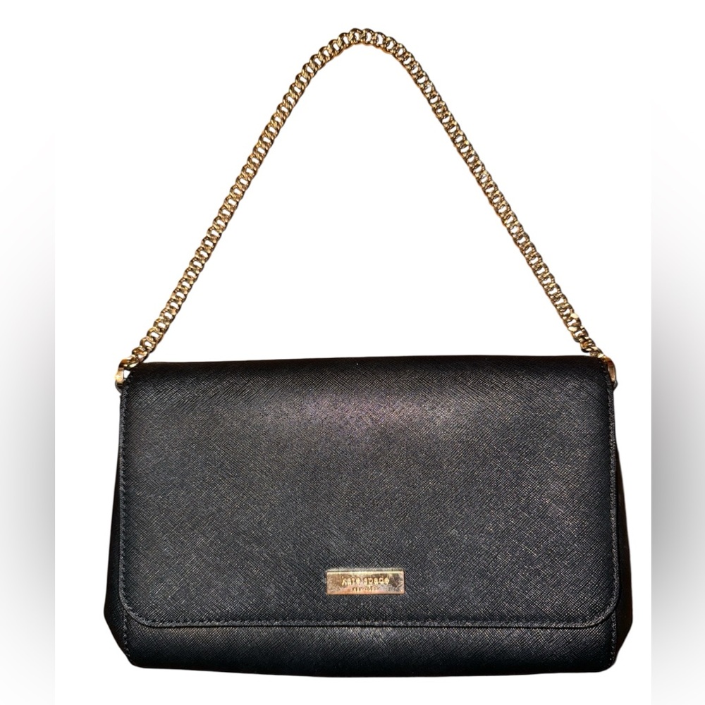 •KATE SPADE•LAUREL WAY GREER BLACK SAFFIANO LEATHER GOLD CHAIN CLUTCH HANDBAG